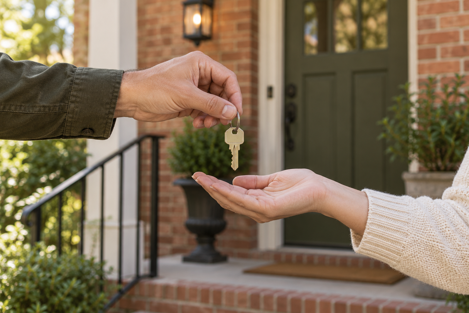 Illustrative scene of a homeowner handing over house keys at a residential porch