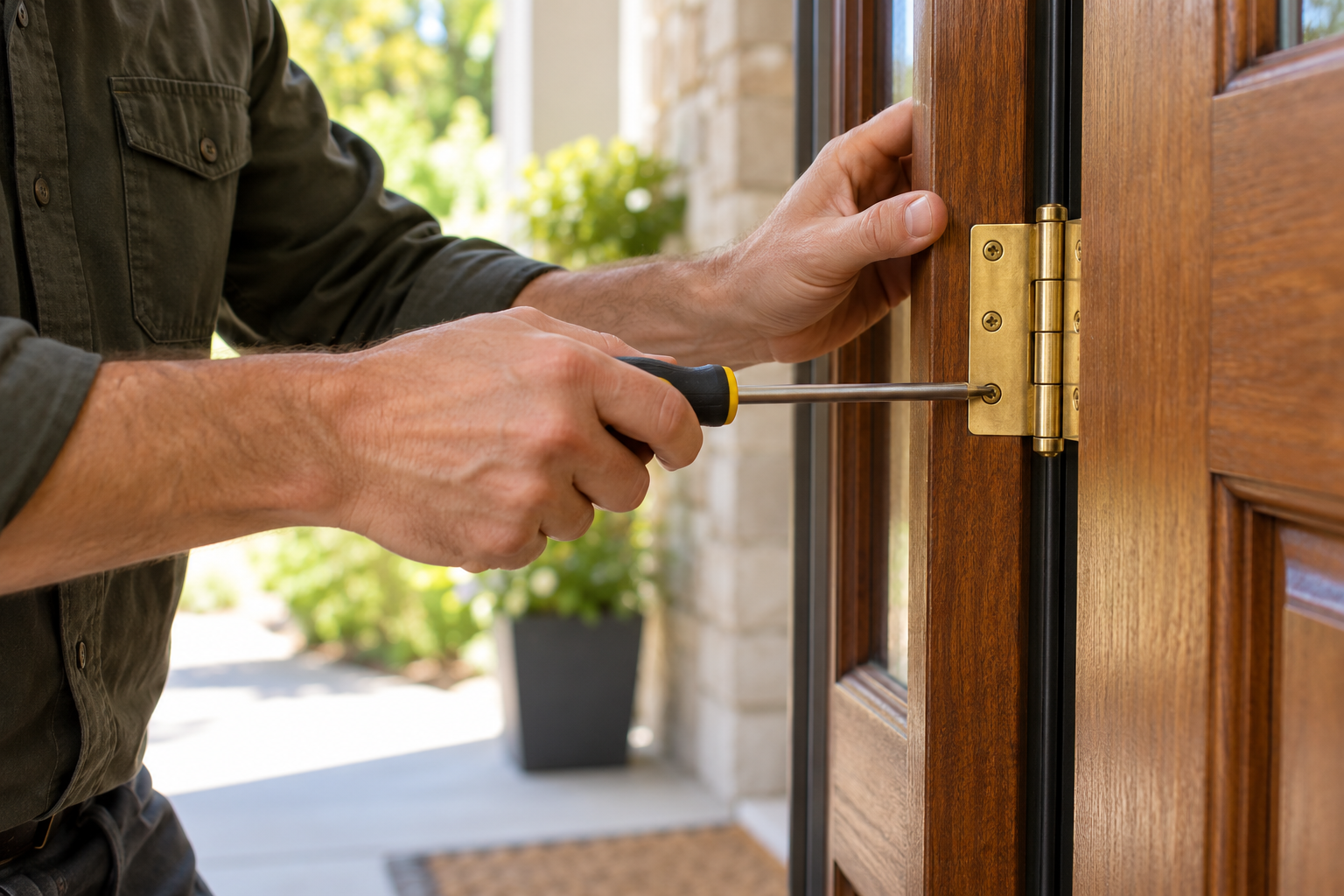 Illustrative scene of a minor door-hinge repair