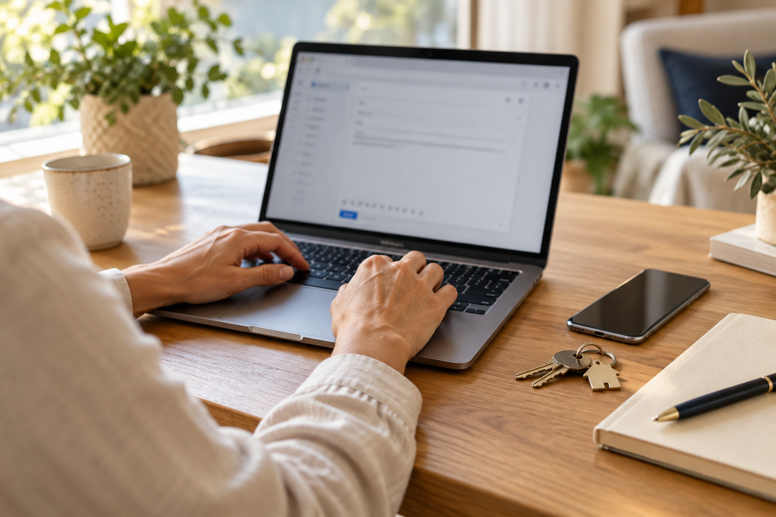 Writing an email at a desk with a phone, notebook, and house keys