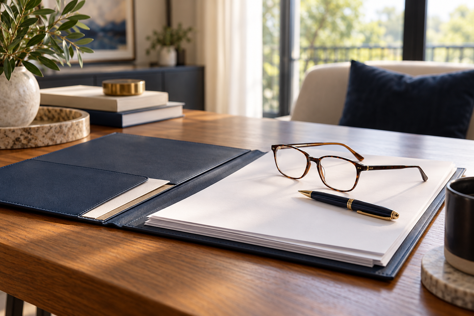 Rental documents with a pen and reading glasses