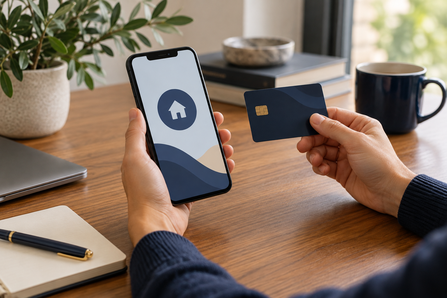 A phone and bank card for online payments