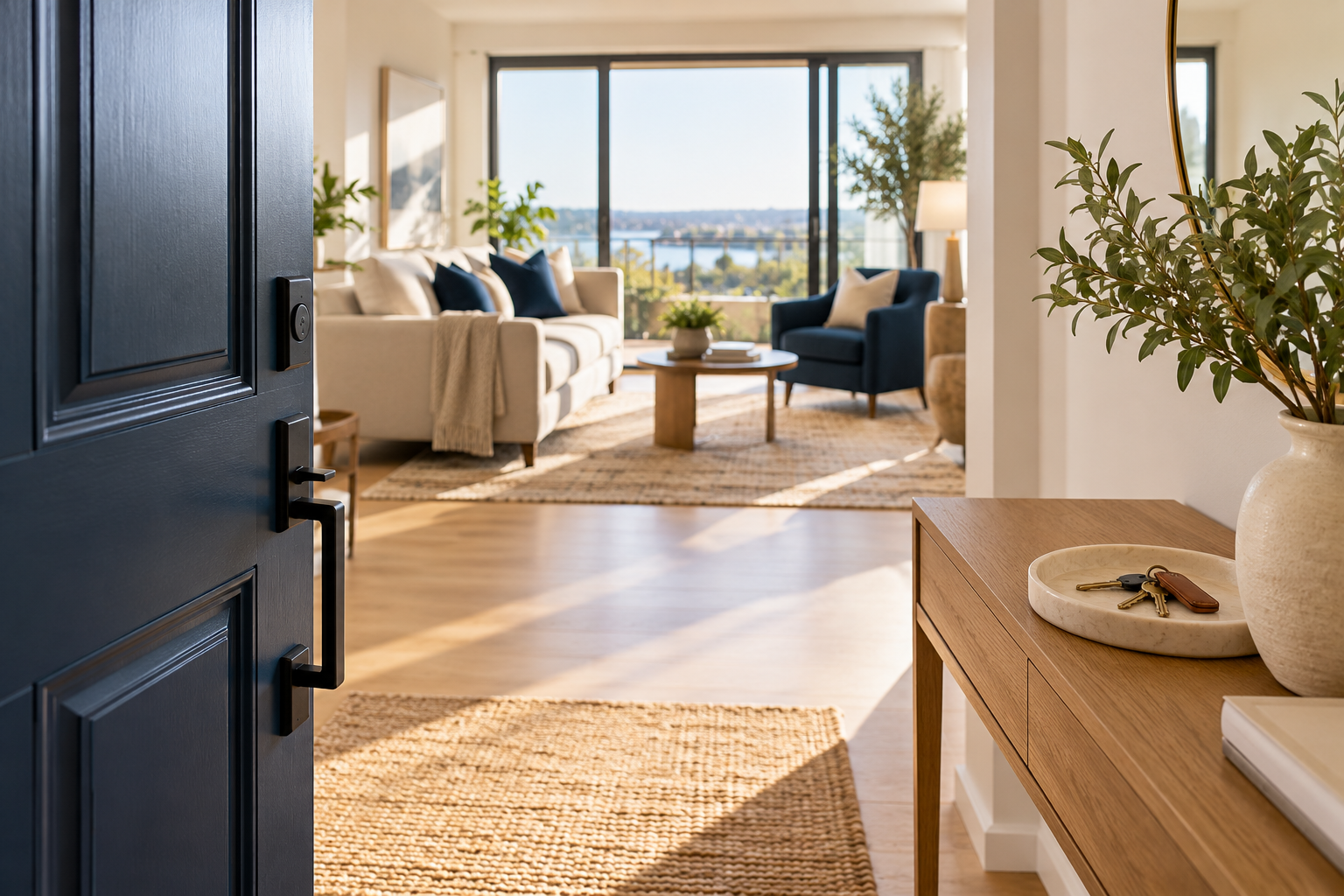 An inviting home entry with keys on a console