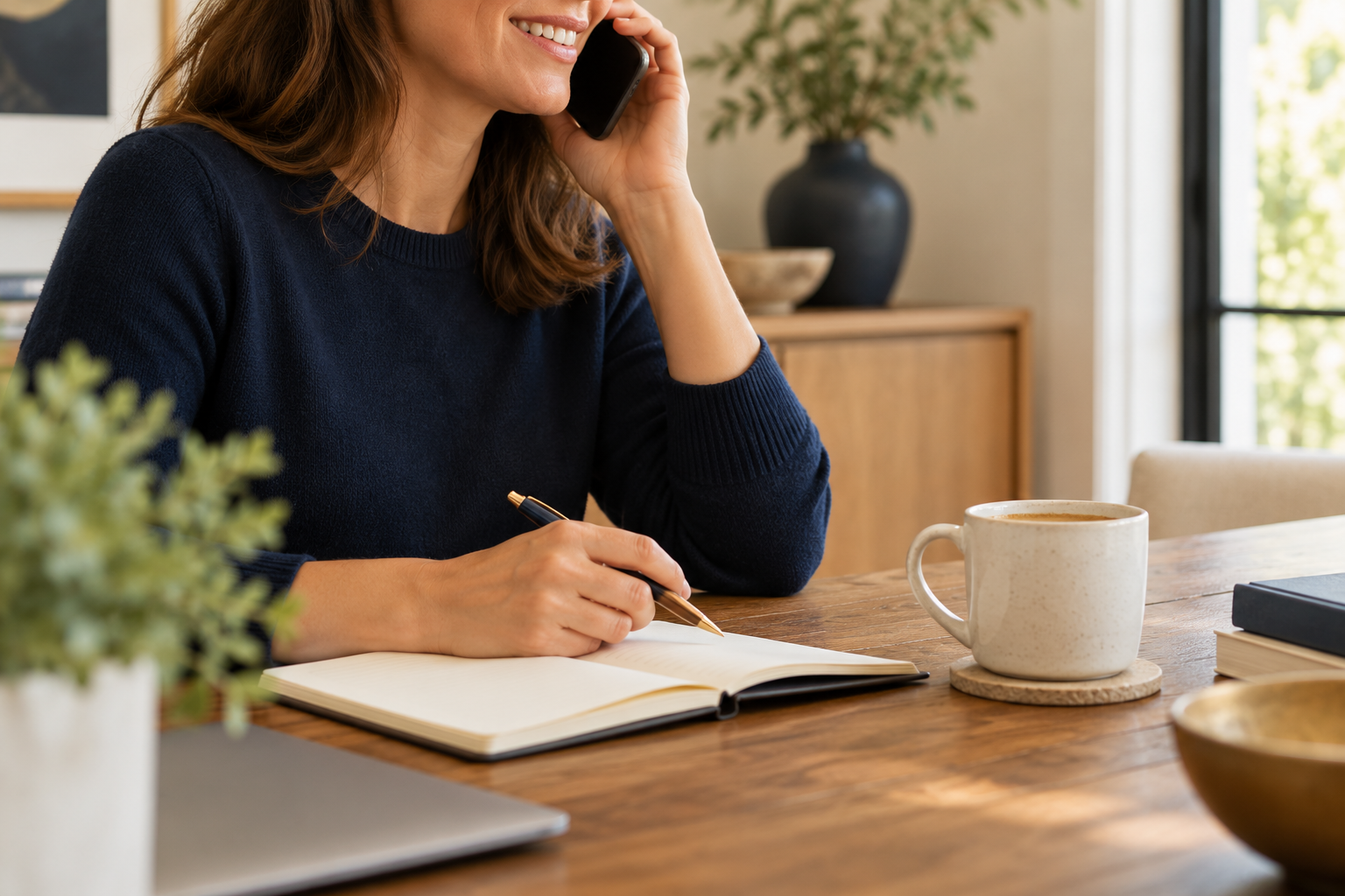 A phone conversation at a home desk