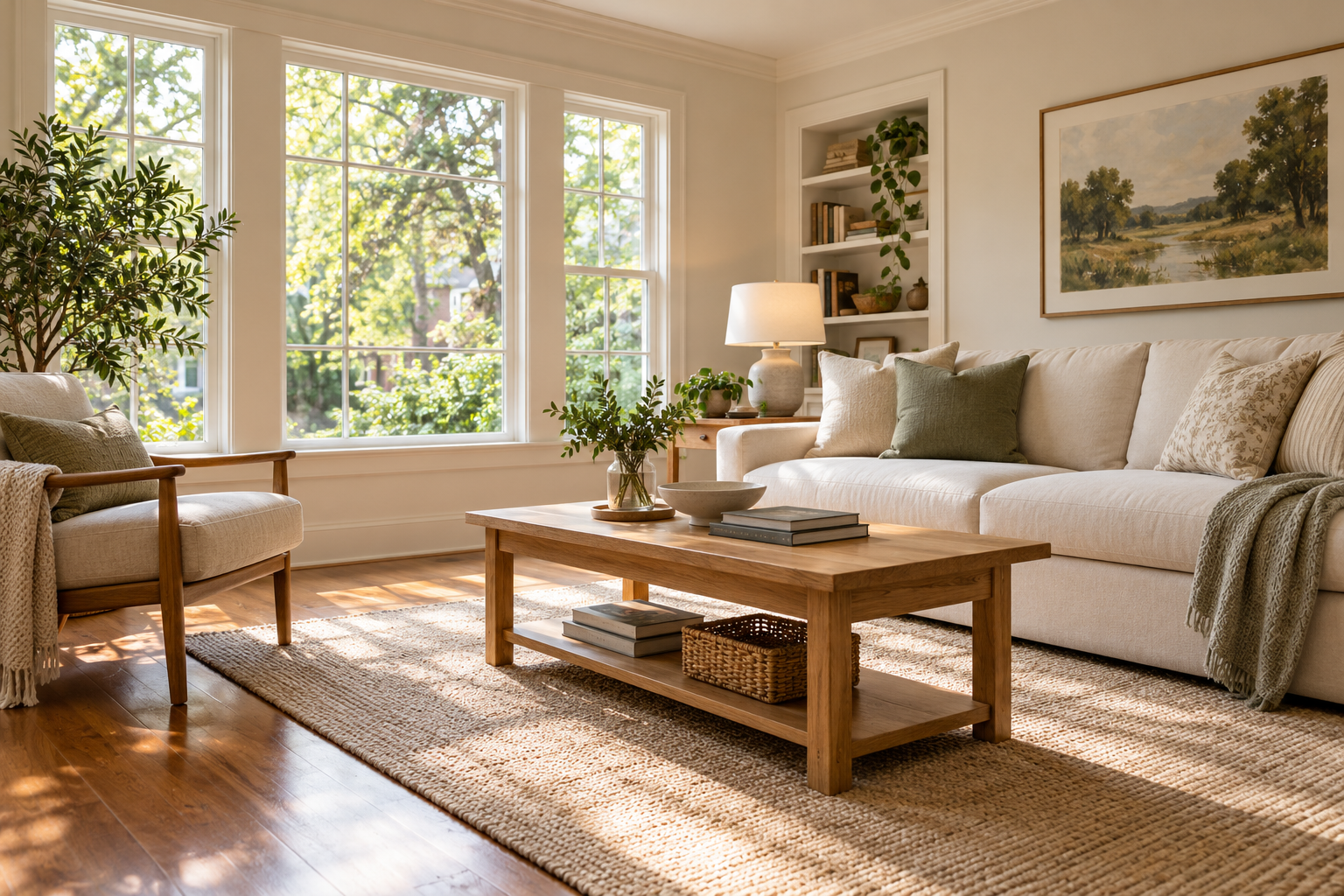 A bright living room with a comfortable sofa and natural light